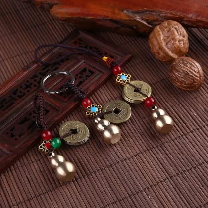 Handmade Vintage Brass Pixiu Keyring Pendants with Feng Shui Coins