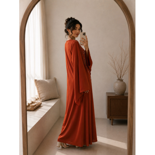منجوق نارنجی قرمز ساتن دو نفره Kaftan Abaya