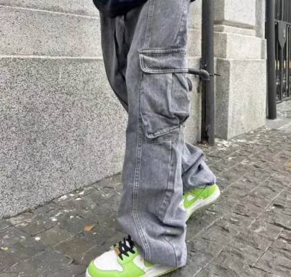 Men Cargo Work Pants Stone Wash Jeans