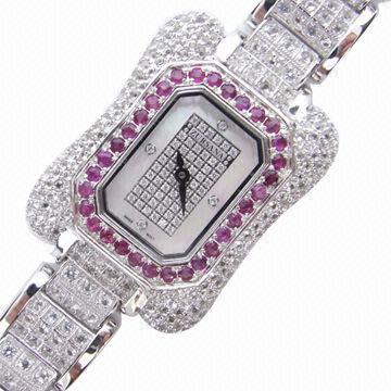 Silver Jewelry Watch with Setting Natural Stones Ruby and Topaz in RH Plating