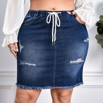 Cute Buttoned Plus Size Denim Skirt: Distressed, Elastic Waist, Pockets, and Casual Summer Washed Technique