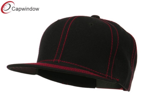 Black Red Contrast Stitch Flat Bill Snapback Cap