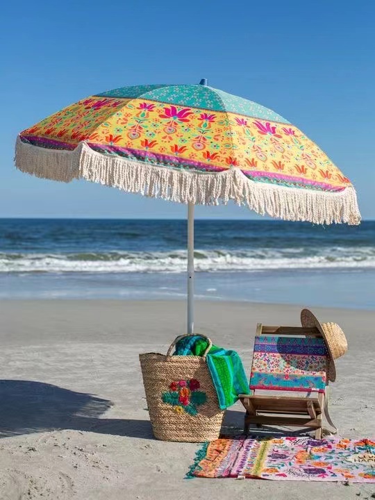 Free Logo Wooden Pole Canvas Waterproof Patio Swimming Pool Sun Garden Beach Outdoor Parasols Umbrella With Tassels
