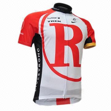 Red men's cycling jerseys with print on front and back, 92% polyamide or polyester and 8% spandex