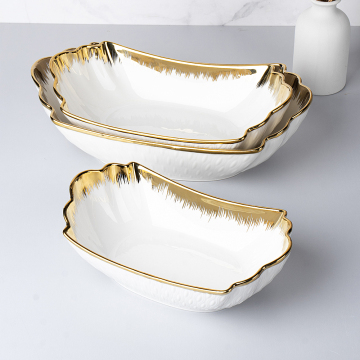 Factory Price Boat Shaped Ceramic Salad Bowl with Gold Rim