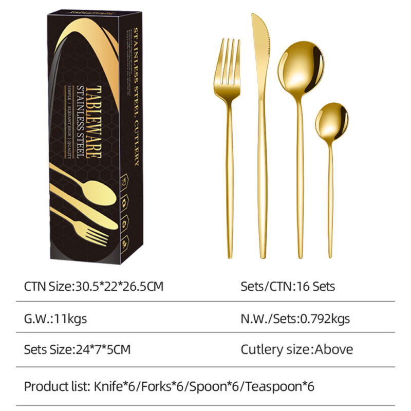 Stainless Steel Cutlery Set - 6 Knives, 6 Forks, 6 Spoons, 6 Teaspoons, 6 Tea Forks (24cm, Premium Tableware)