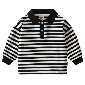 Good quality striped long sleeve boys polo shirt 100 cotton boys lapel hemming boys t-shirt