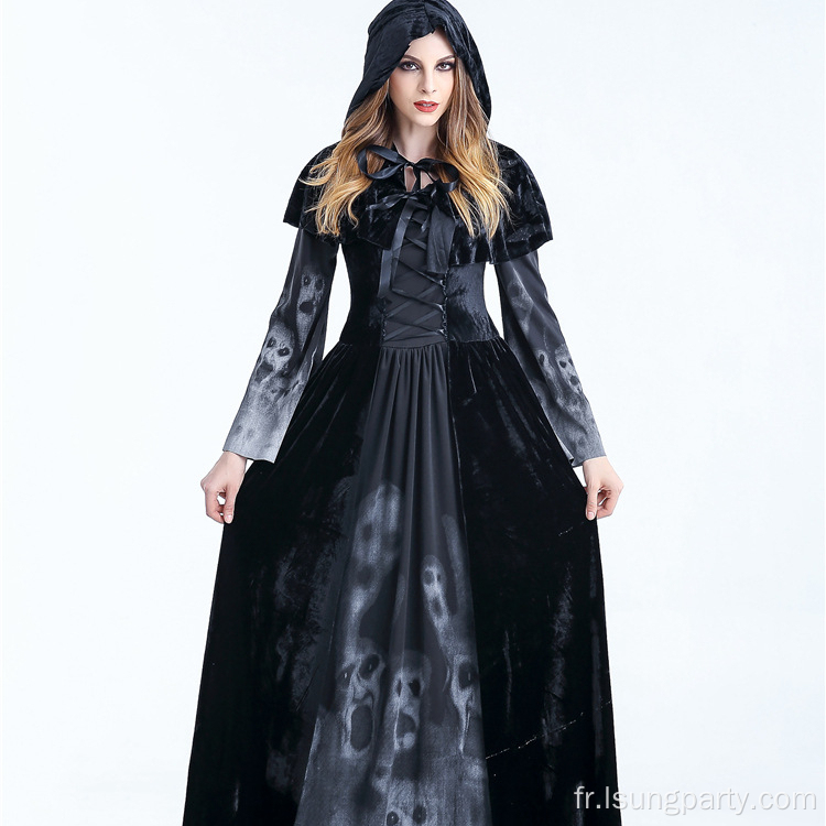 Robe d'Halloween pour femmes cosplay sorcière imprimé à manches longues