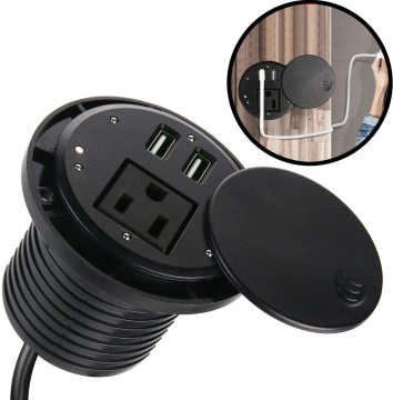 Mini Round Desktop Power Grommet Socket - 1 AC Outlet + 2 USB Ports