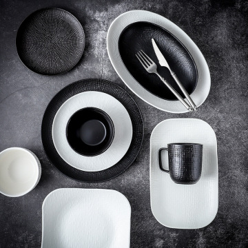 RY018 Black Texture Stoneware Dinnerware Set - 30 Pieces, Dishwasher & Microwave Safe