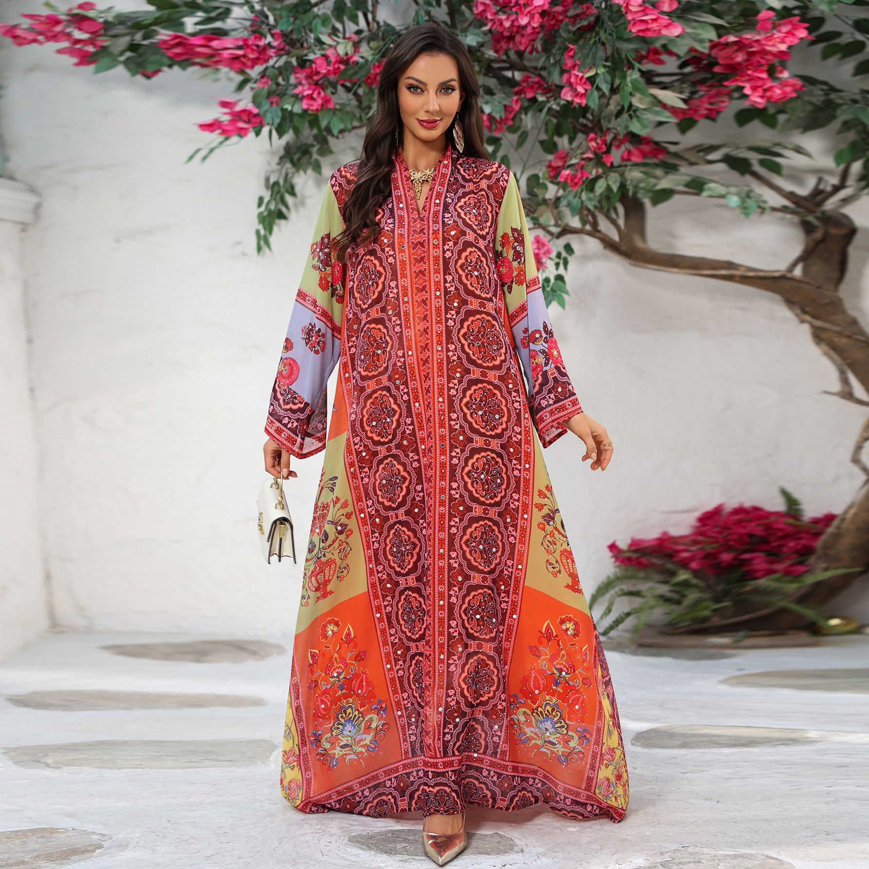 Plus Size Rhinestone Printed Jalabiya Dress