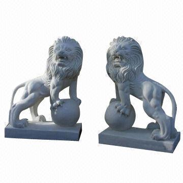 British Lion Pair White Carved Marble Garden Ornament Sculptures