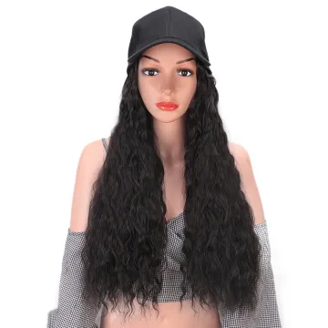 Aisi Hair Baseball Hat with Water Wave Hair Extensions Black Hat with Long Synthetic Hair Extensions for Girls Easy to Wear
