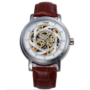 Leather watch with visible mechanism and logo custom