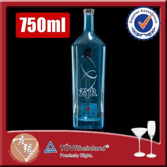 Beautiful bar top spirits 750ml glass blue vodka bottle