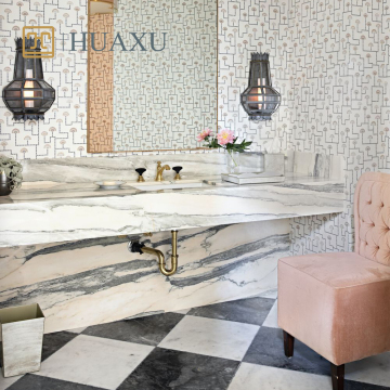 Huaxu Simple Design Blue Polished Surface Floating Wash Basin Grigio Marble Bathroom Sink