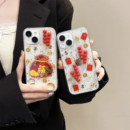 Candied Haws Ingot Gold Coin Lucky Bag Red Packet Glitter Silicone Phone Case for iPhone 14/16 Pro Max 15 13