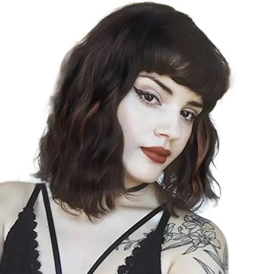 Cheap  mixed color black Short Loose Body Wave Hair wig With Bangs shoulder length Wavy Synthetic hair Wigs For Black Women