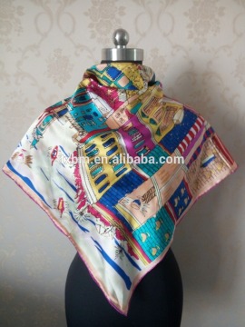 2016 latest design for women silk scarf, printed silk handroll scarf, 14mm 90x90 square scarf