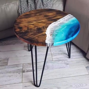 Wooden Walnut Coffee Side Table with Blue Ocean River Epoxy Resin Top