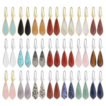 Gemstone Faceted Teardrop Pendant Drop Earrings with Steel Color Stainless Steel Hoop Natural Stone Faceted Pendant Earring