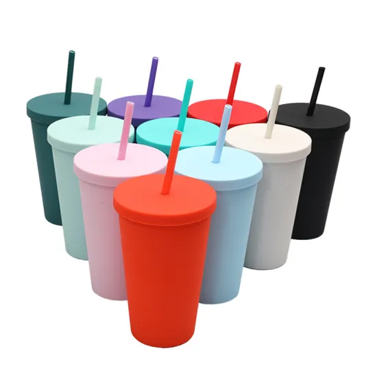 450ML BPA-Free Plastic Water Cups with Lids and Straws for Kids: Double Wall, Sippy, Clear, Skinny Matte Design