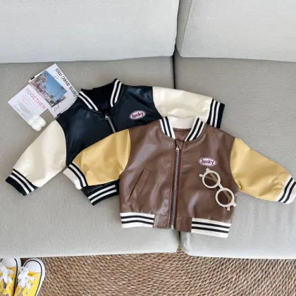 Children's Bear Embroidered Leather Jacket