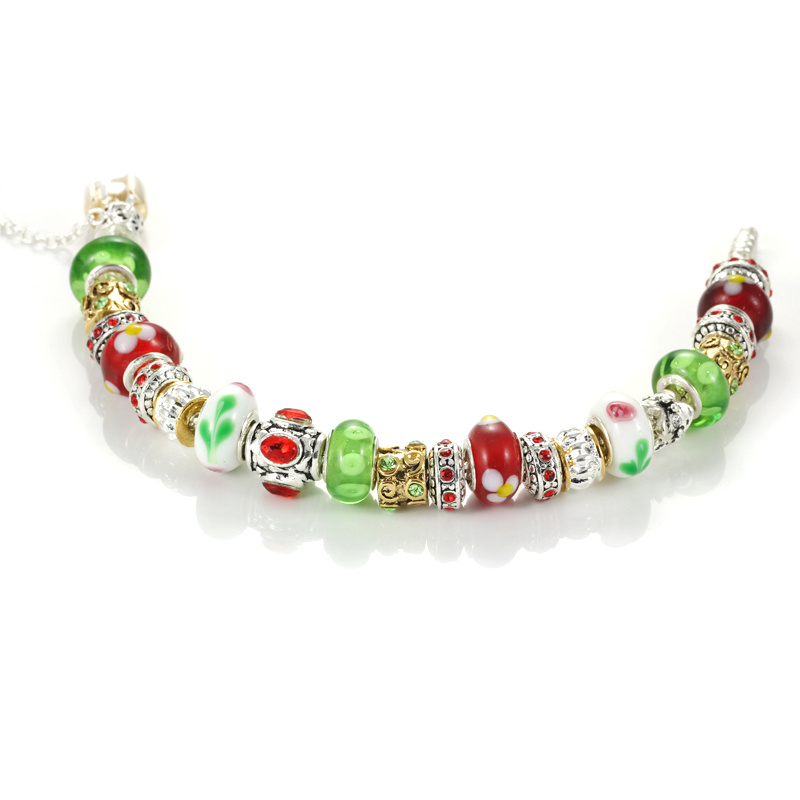 Valentine gifts European Silver Green & Red Charm Beaded Bracelets Jewelry (GQ21)