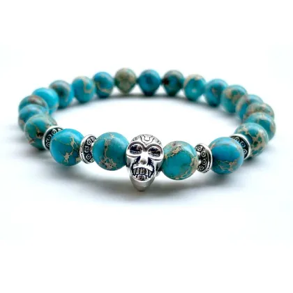 Imperial Jasper Skull Bracelet: 7 Chakra Natural Gemstone Bead Bangle Jewelry for Men and Women