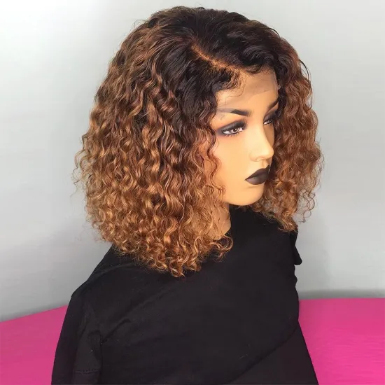 Wholesale 1b27 Ombre Color Short Kinky Curly 100% Human Hair Lace Front Bob Wigs HD Lace Frontal Curly Bob Wig with Highlights