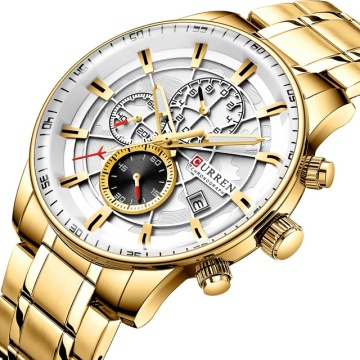 Curren 8362 Luxury Chronograph Watch Bands, 38mm/44mm Stainless Steel Metal Strap, Waterproof Gold Quartz Watches for Men