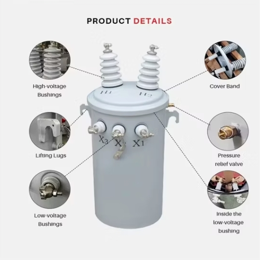 egyfázisú oszlopra szerelhető elosztó transzformátor részletei single-phase pole-mounted distribution transformer details