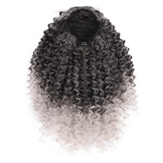 Vigorous Top Quality Cheap Supplier Kinky Curly Ombre Grey Updo Puff Hair Piece Drawstring Synthetic Ponytail Hair Extension