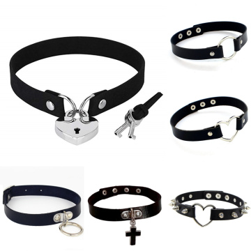 Spike Rivet Punk Sexy Gothic Pu Leather Goth Heart Cross Choker Necklace on Neck Round Collar Necklaces Women Jewelry
