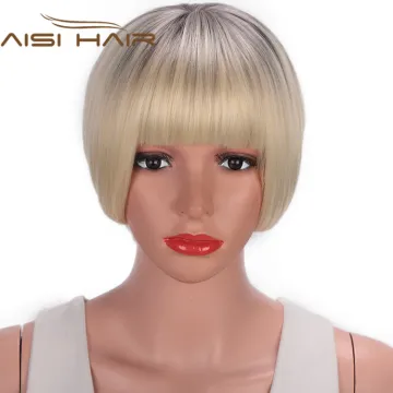 Aisi Hair Short Bob Wigs Heat Resistant Synthetic Fiber Ombre Blonde Straight Short Bob Wigs with Neat Bangs for Women