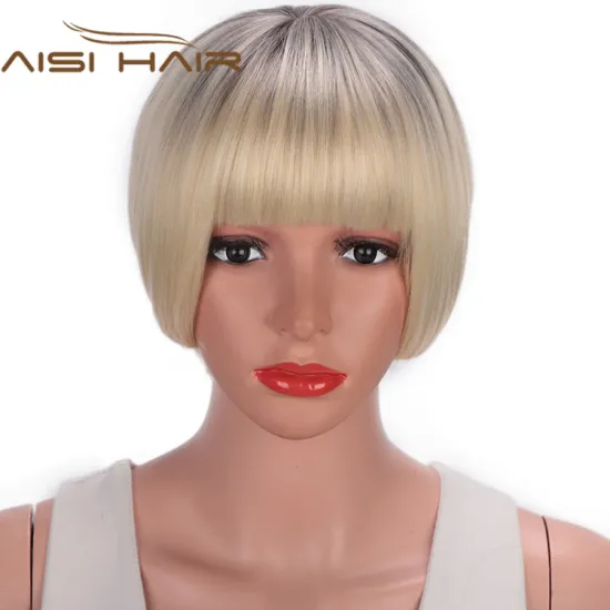 Aisi Hair Short Bob Wigs Heat Resistant Synthetic Fiber Ombre Blonde Straight Short Bob Wigs with Neat Bangs for Women
