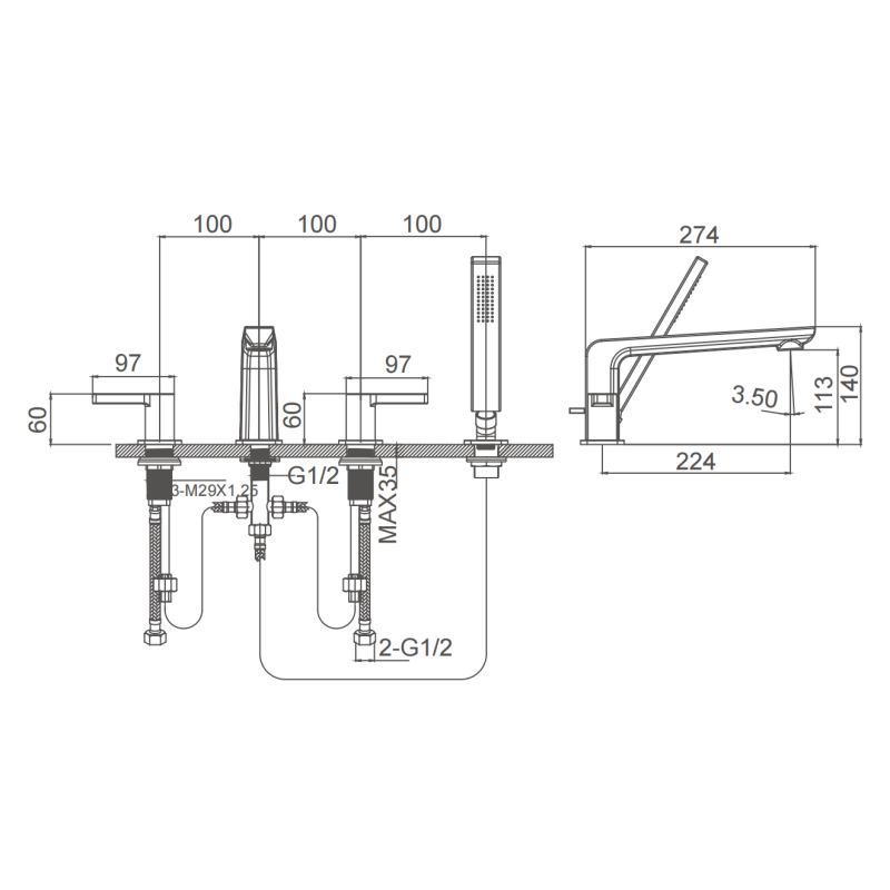 4 Hole rim mounted bath mixer with lever handles