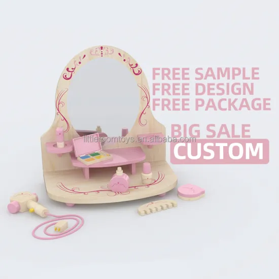 Wooden Makeup Toys for Girls - Children's Pretend Play Dressing Table with Mirror Cosmetic Set