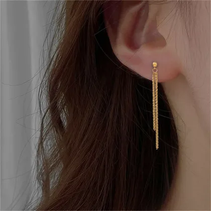 Gold Plated Long Earrings with Simple Stainless Steel Chain Tassel Stud Earrings