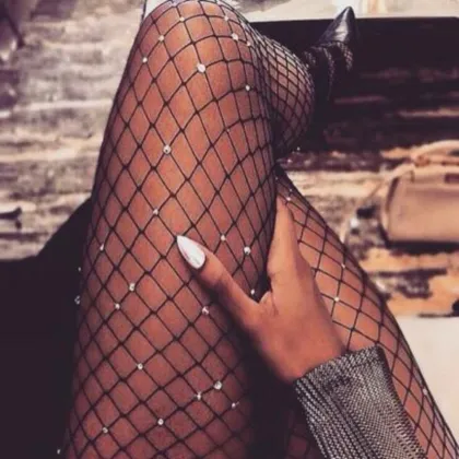Plus Size Bling Women's Sexy Long Stockings with Rhinestones Mesh Fishnet Tights Hosiery