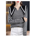 Navy V-neck simple horizontal stripe sweater