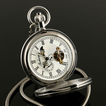 ESS Silver Skeleton Mechanical Pocket Watch Fashion Enamel Pocket With Chain WP134