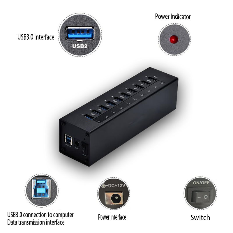 10 puertos USB Alta potencia 3.0 expansor rectangular