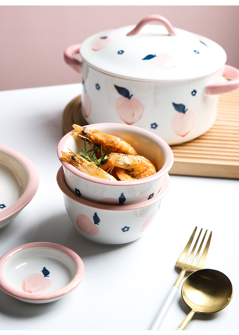 Fresh Peach Ceramic Dinner Plate Set And Dishes Milk Pot Creative Rice Soup Bowl Steak Sushi Plate Household Breakfast Set