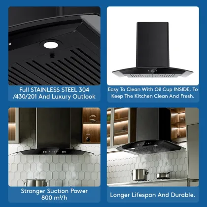 Auto-Clean Kitchen Range Hood Exhaust Glass Arc-Shaped Cooker Hood