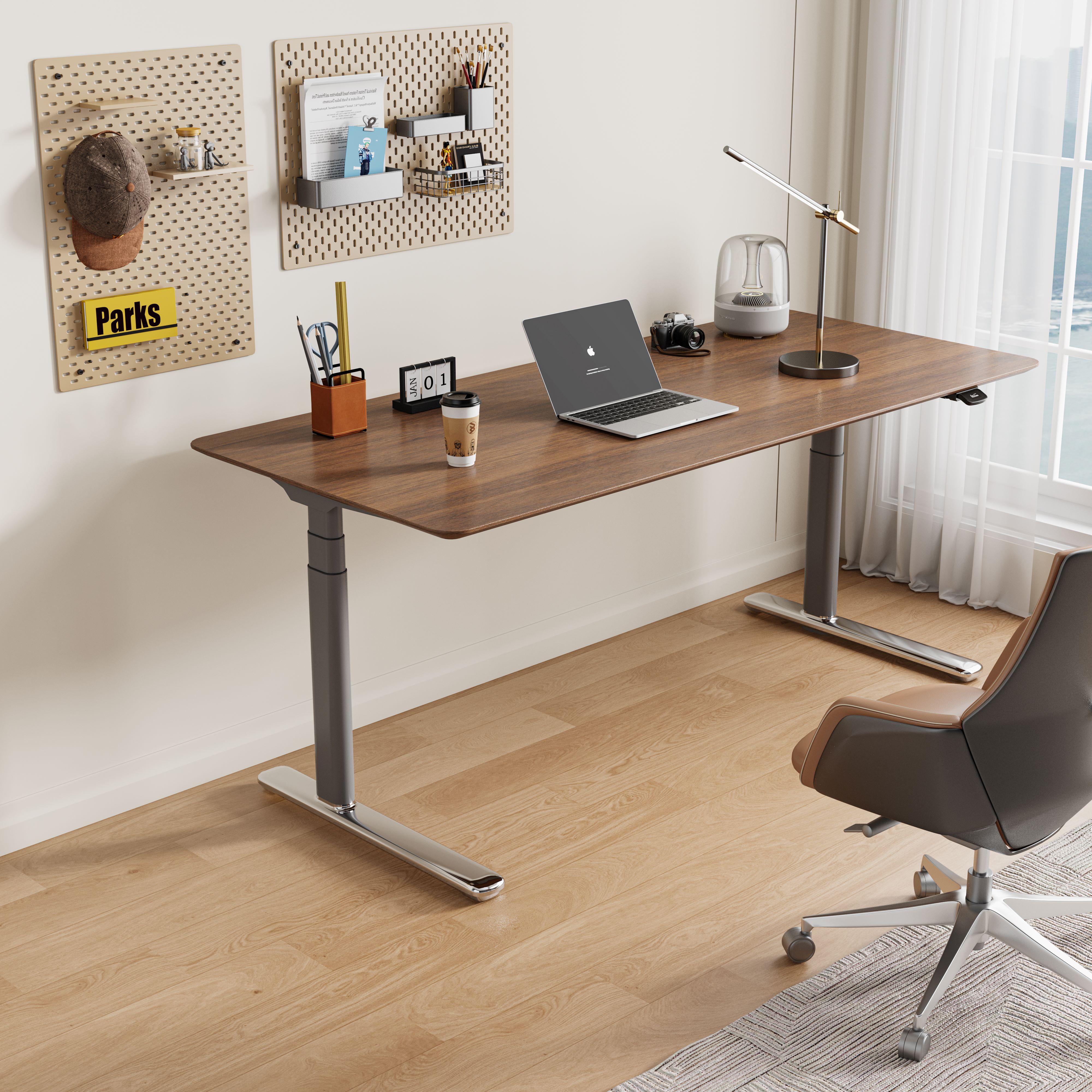 Ergonomic adjustable desk features and design