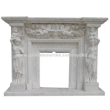 Natural indoor elegant white marble fireplace with flower