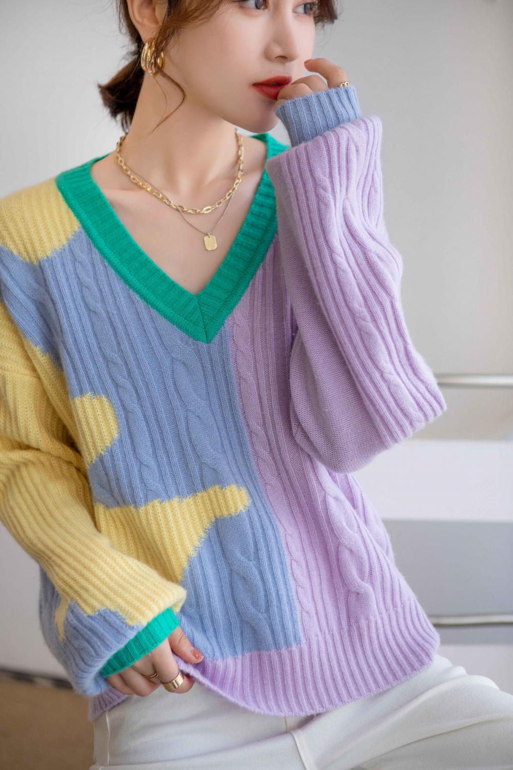 Color contrast v-neck cashmere knit slim fashion sweater