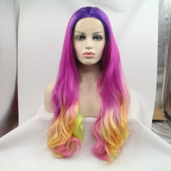 Long straight curl ombre purple blonde cheap wholesale high quality heat resistant synthetic wig with lace front