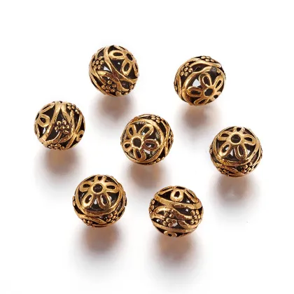 PandaHall 10mm Round Hollow Antique Golden Alloy Beads: Jewelry Making Supplies